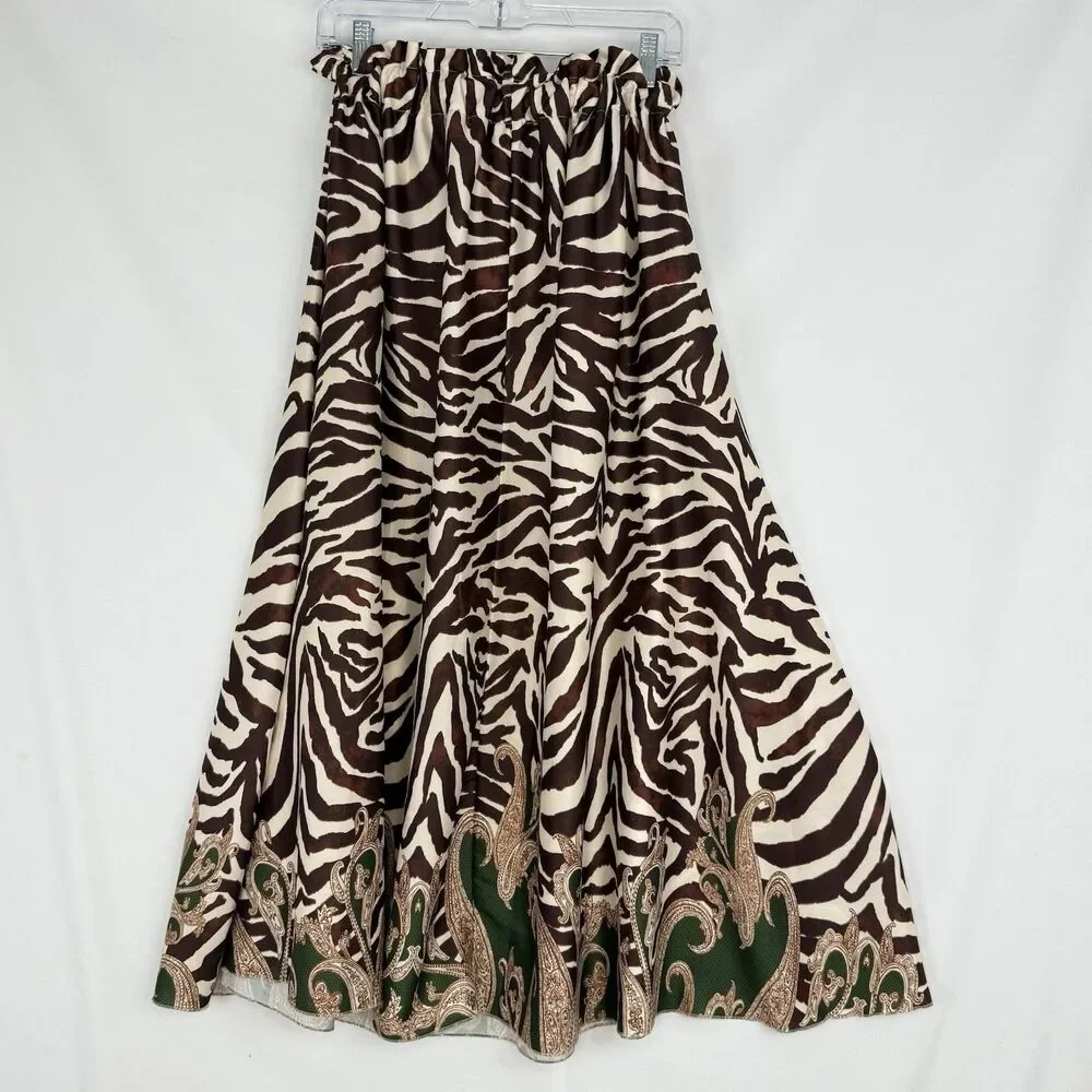 Madison Made in Italy Zebra Midi Skirt Brown Animal Print Elastic Waist S/M